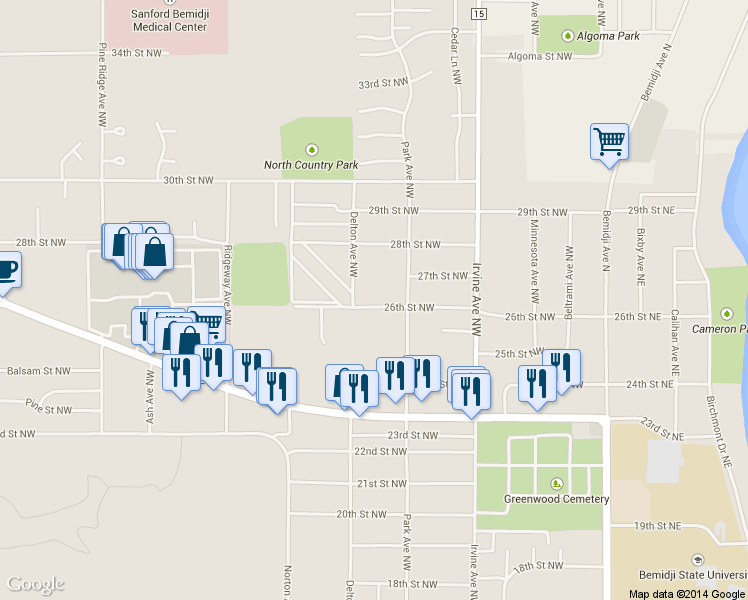 map of restaurants, bars, coffee shops, grocery stores, and more near 727 26th Street Northwest in Bemidji