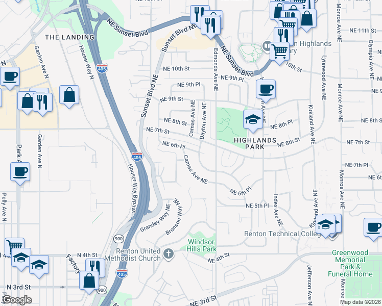 map of restaurants, bars, coffee shops, grocery stores, and more near 687 Dayton Avenue Northeast in Renton