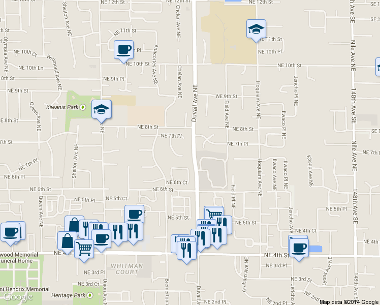 map of restaurants, bars, coffee shops, grocery stores, and more near 712 Bremerton Place Northeast in Renton