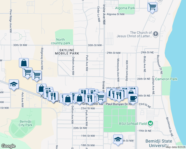 map of restaurants, bars, coffee shops, grocery stores, and more near 601 26th Street Northwest in Bemidji
