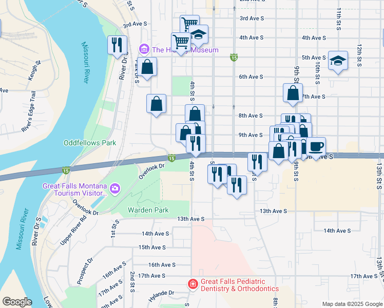 map of restaurants, bars, coffee shops, grocery stores, and more near U.S. Highway 89 in Great Falls