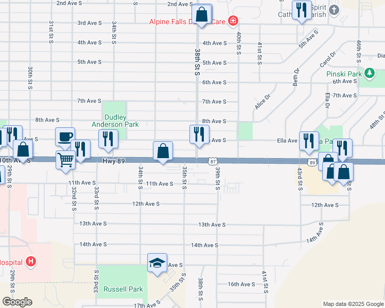 map of restaurants, bars, coffee shops, grocery stores, and more near 3649 10th Avenue South in Great Falls
