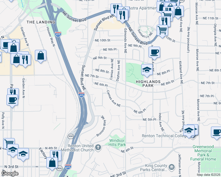 map of restaurants, bars, coffee shops, grocery stores, and more near 2311 Northeast 6th Place in Renton