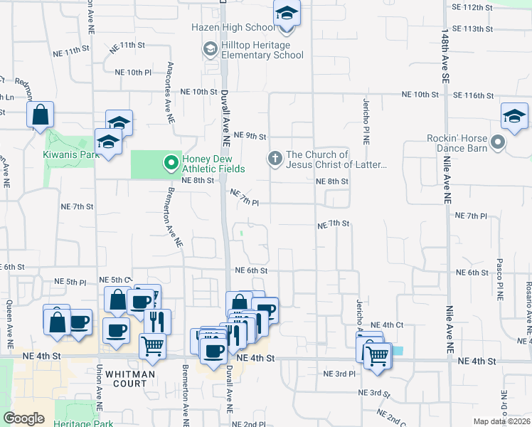 map of restaurants, bars, coffee shops, grocery stores, and more near 727 Field Avenue Northeast in Renton