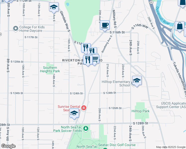 map of restaurants, bars, coffee shops, grocery stores, and more near 12047 Roseberg Avenue South in Seattle