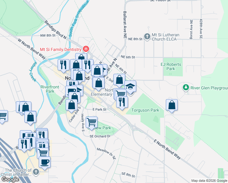 map of restaurants, bars, coffee shops, grocery stores, and more near 204 Janet Avenue North in North Bend