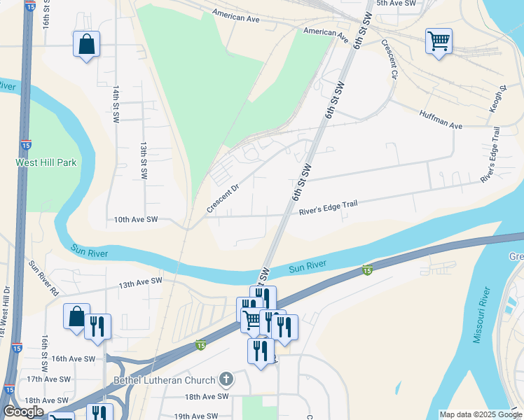map of restaurants, bars, coffee shops, grocery stores, and more near 935 10th Avenue Southwest in Great Falls