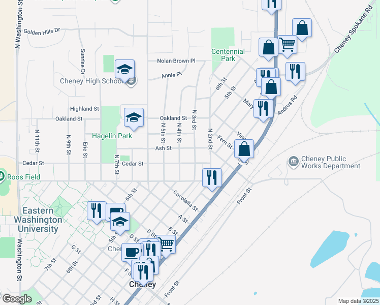 map of restaurants, bars, coffee shops, grocery stores, and more near 120 North 3rd Street in Cheney