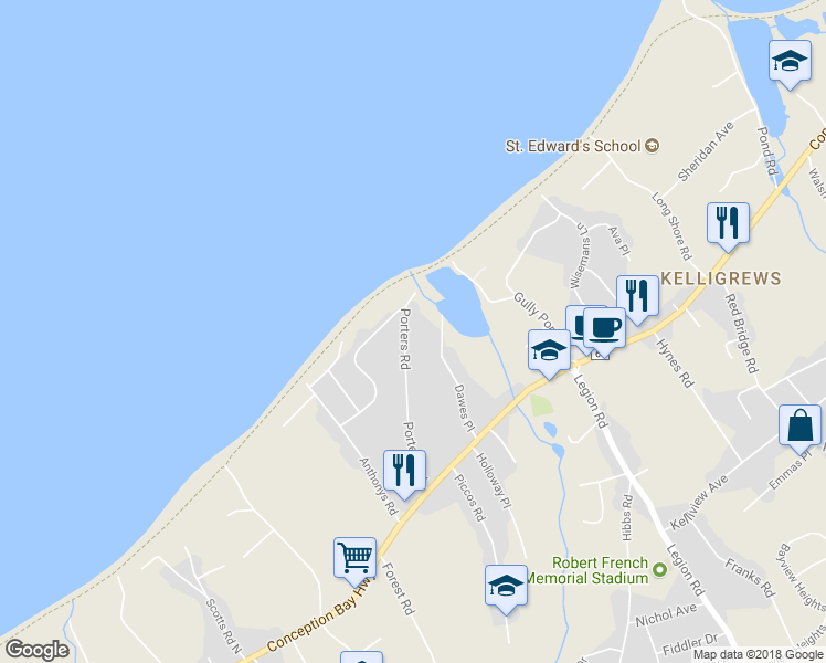 map of restaurants, bars, coffee shops, grocery stores, and more near 66a Porters Road in Conception Bay South