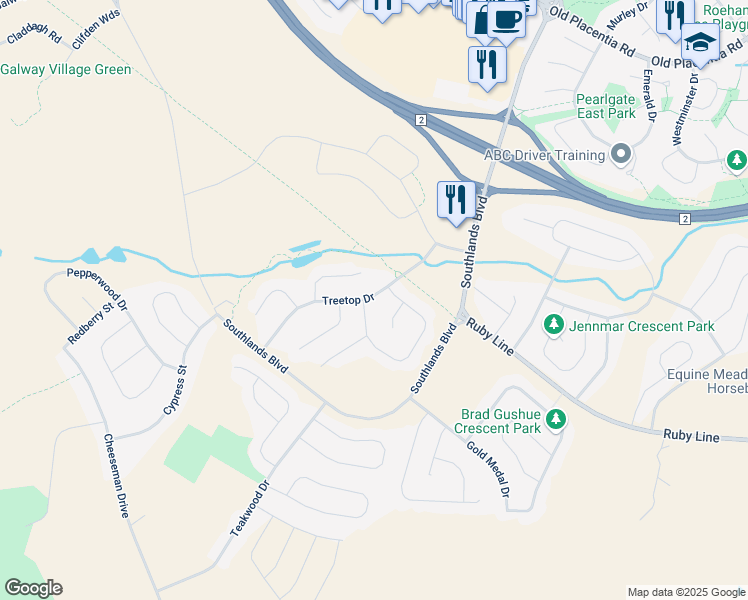 map of restaurants, bars, coffee shops, grocery stores, and more near 33 Treetop Drive in St. John's