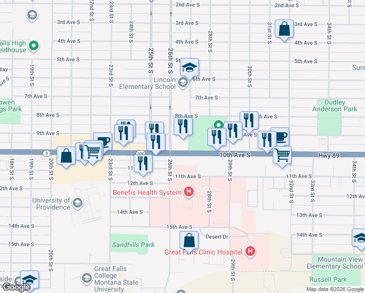 map of restaurants, bars, coffee shops, grocery stores, and more near 900-998 27th Street South in Great Falls