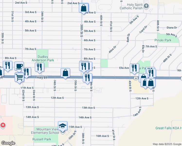 map of restaurants, bars, coffee shops, grocery stores, and more near 3843 10th Avenue South in Great Falls