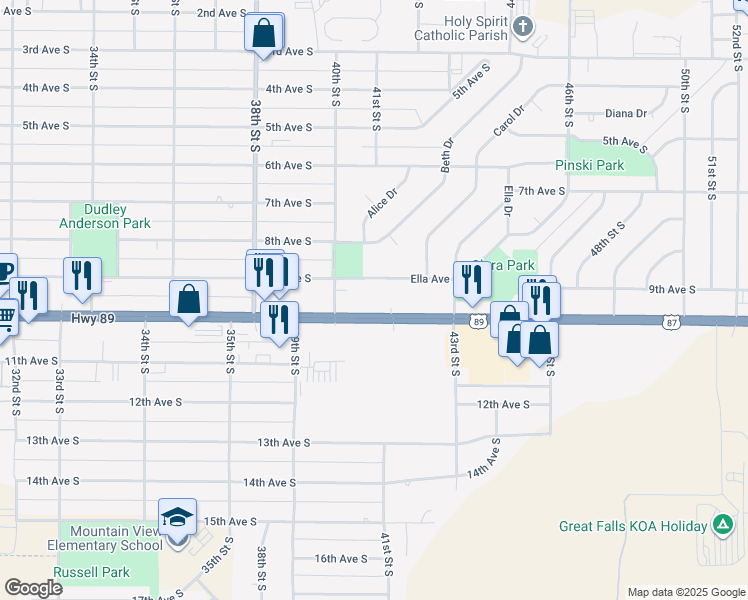 map of restaurants, bars, coffee shops, grocery stores, and more near 4021 10th Avenue South in Great Falls