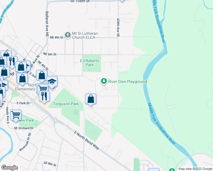 map of restaurants, bars, coffee shops, grocery stores, and more near 364 Vaughan Boulevard Northeast in North Bend