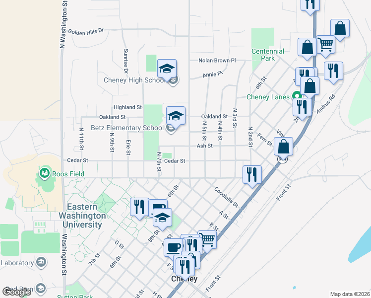 map of restaurants, bars, coffee shops, grocery stores, and more near 122 North 6th Street in Cheney