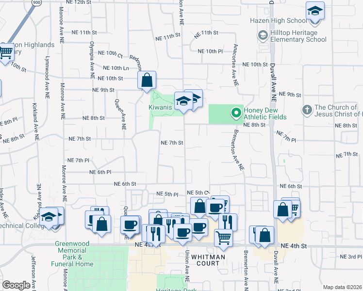 map of restaurants, bars, coffee shops, grocery stores, and more near 4021 Northeast 7th Street in Renton