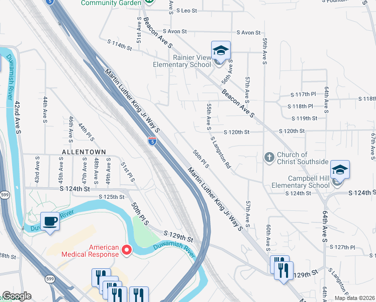 map of restaurants, bars, coffee shops, grocery stores, and more near 12033 56th Place South in Seattle