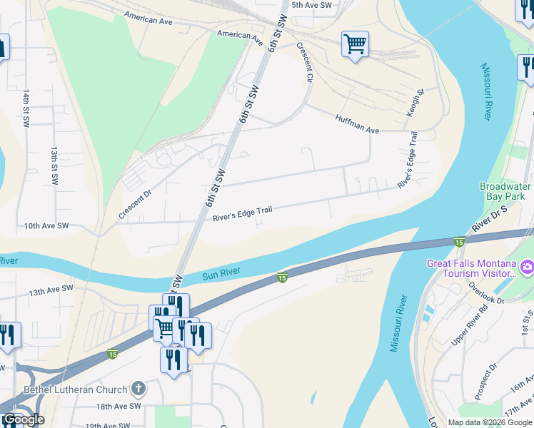 map of restaurants, bars, coffee shops, grocery stores, and more near 618 10th Avenue Southwest in Great Falls