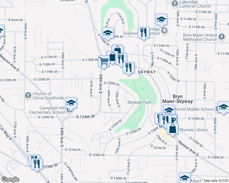 map of restaurants, bars, coffee shops, grocery stores, and more near 12017 70th Avenue South in Seattle