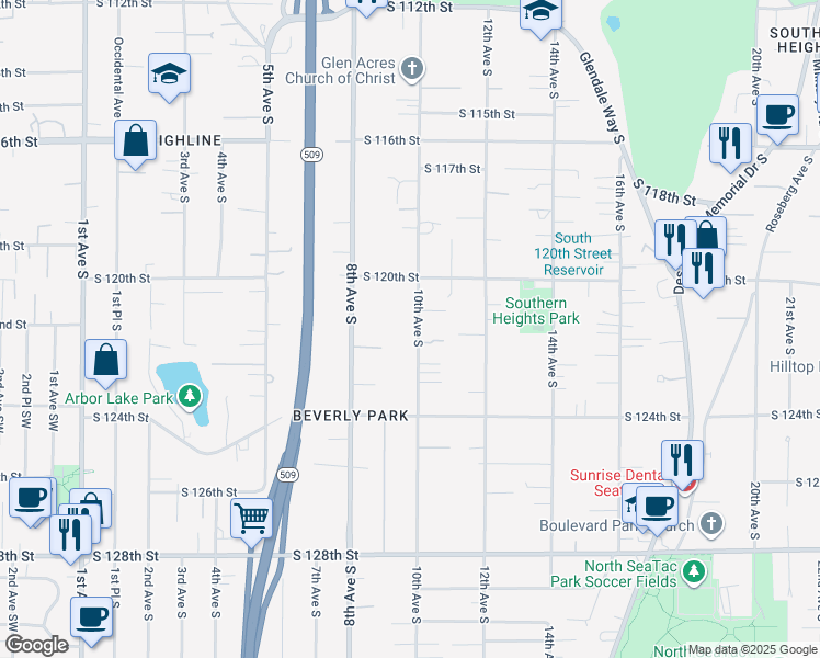 map of restaurants, bars, coffee shops, grocery stores, and more near 12047 10th Avenue South in Seattle