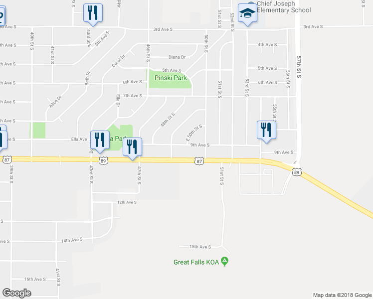 map of restaurants, bars, coffee shops, grocery stores, and more near 4916 9th Avenue South in Great Falls