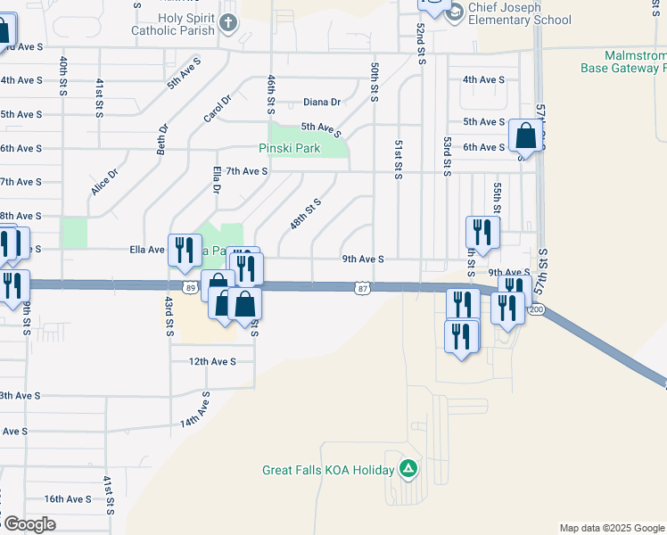 map of restaurants, bars, coffee shops, grocery stores, and more near 4916 9th Avenue South in Great Falls