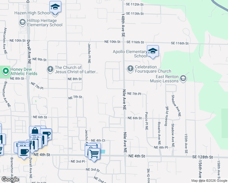 map of restaurants, bars, coffee shops, grocery stores, and more near 5519 Northeast 7th Place in Renton