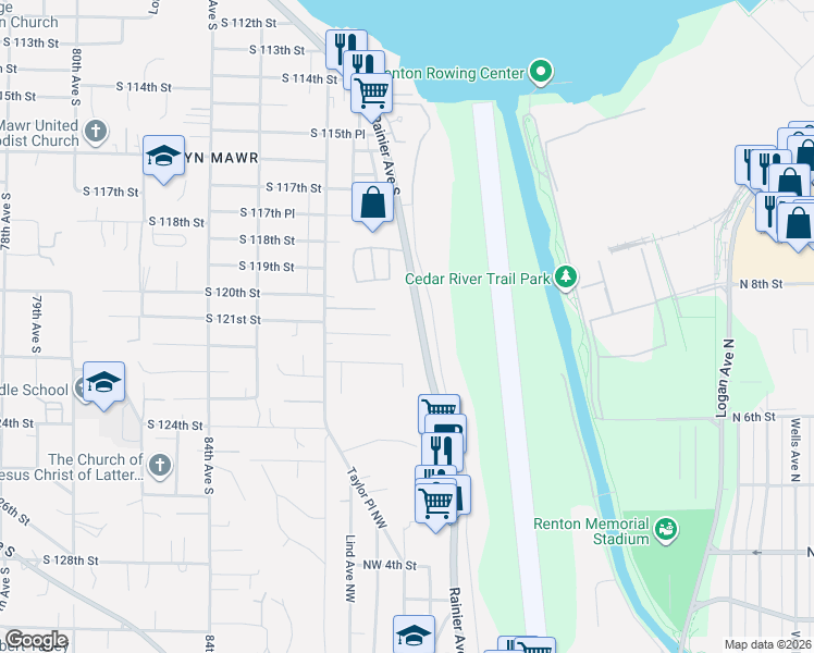 map of restaurants, bars, coffee shops, grocery stores, and more near 8916 South 121st Street in Seattle