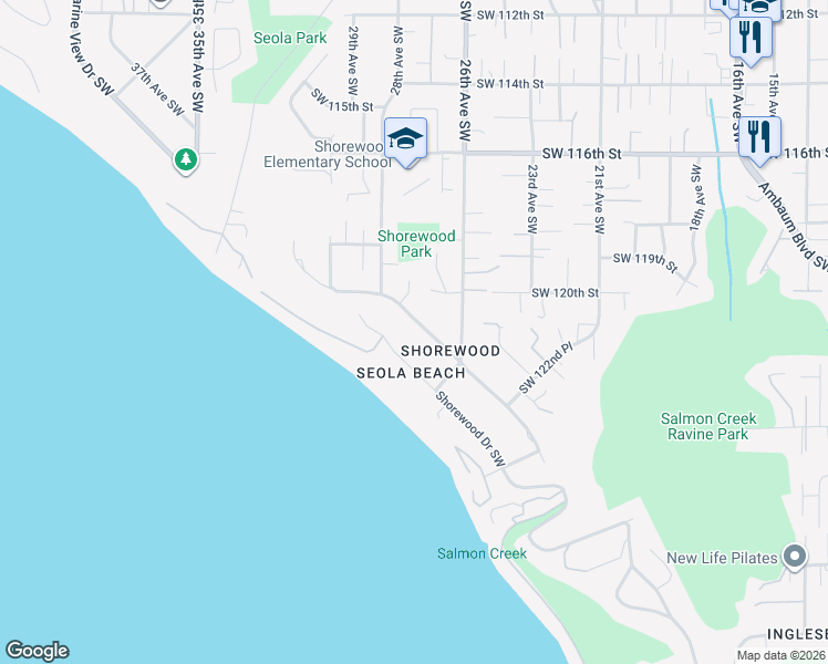 map of restaurants, bars, coffee shops, grocery stores, and more near 12100 Shorewood Drive Southwest in Burien