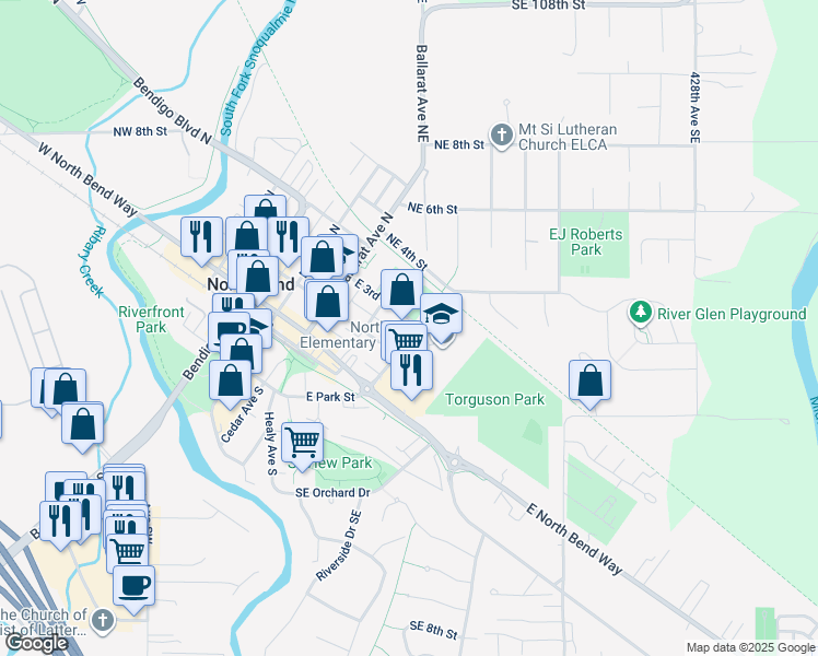 map of restaurants, bars, coffee shops, grocery stores, and more near 361 East 3rd Street in North Bend