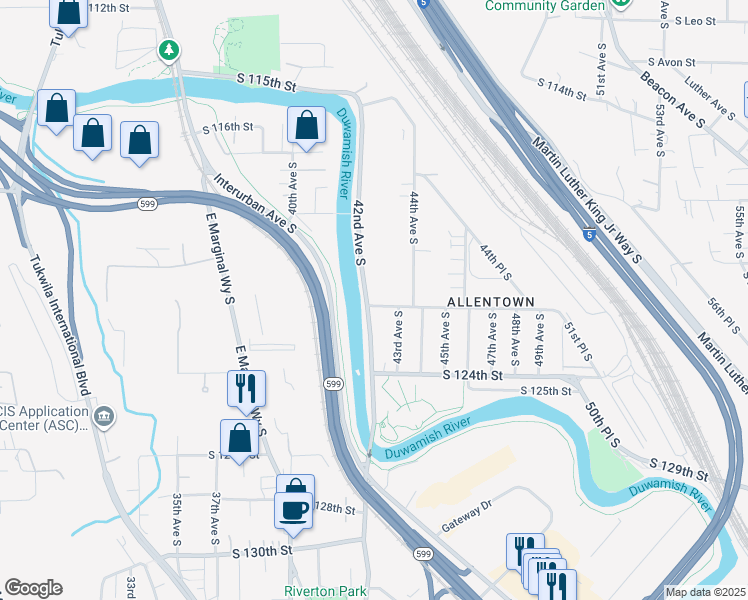 map of restaurants, bars, coffee shops, grocery stores, and more near 4206 South 122nd Street in Tukwila
