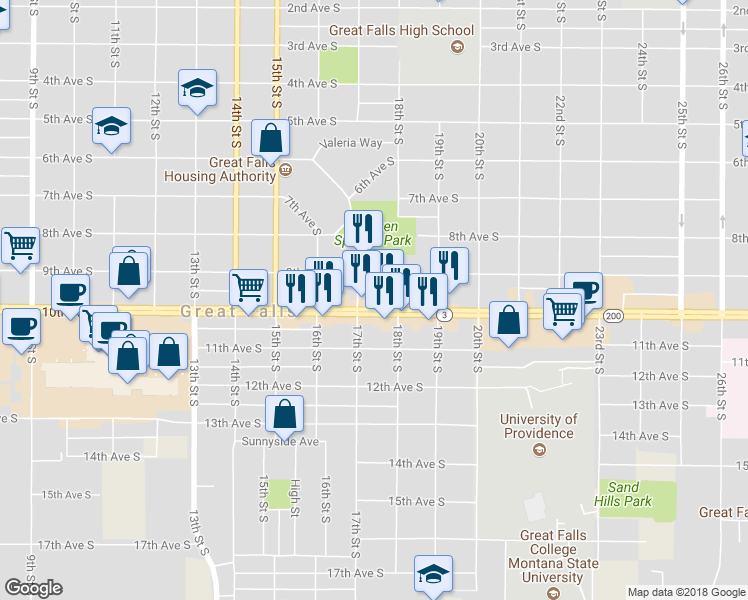 map of restaurants, bars, coffee shops, grocery stores, and more near 1719 10th Avenue South in Great Falls