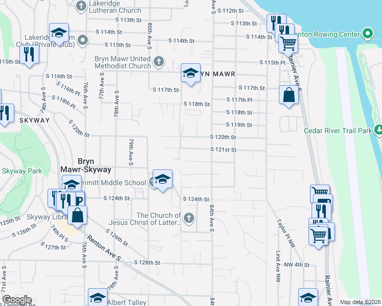 map of restaurants, bars, coffee shops, grocery stores, and more near 8231 South 121st Street in Seattle