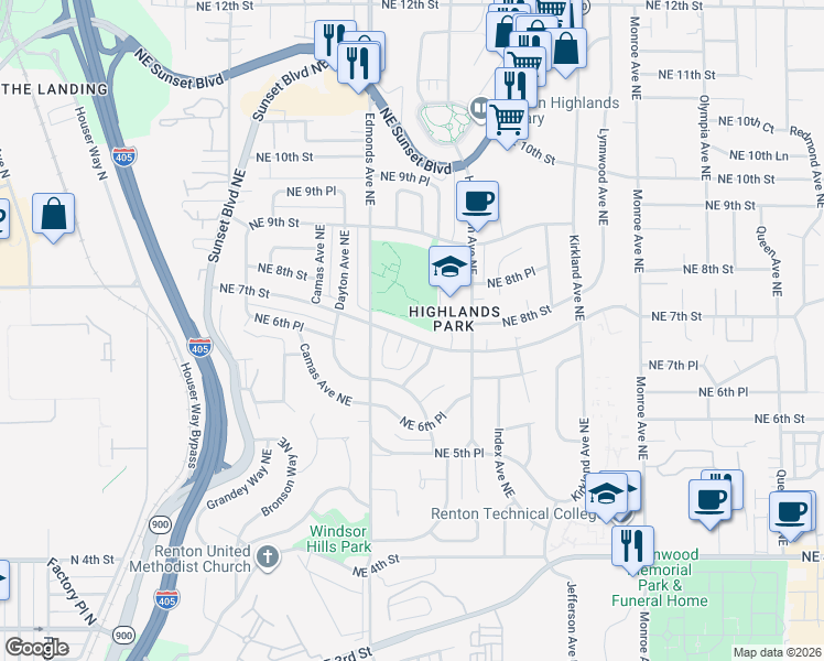 map of restaurants, bars, coffee shops, grocery stores, and more near 2604 Northeast 7th Street in Renton