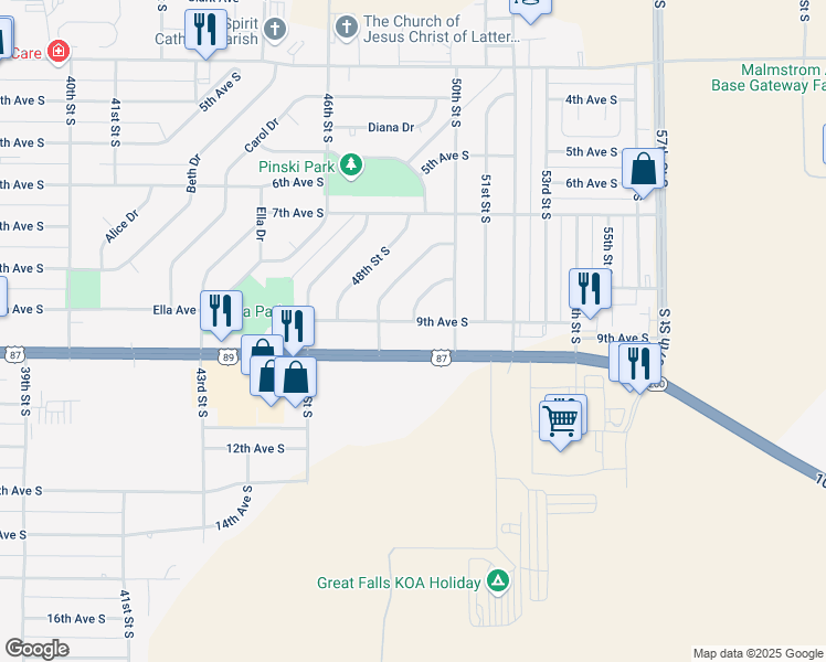 map of restaurants, bars, coffee shops, grocery stores, and more near 4916 9th Avenue South in Great Falls