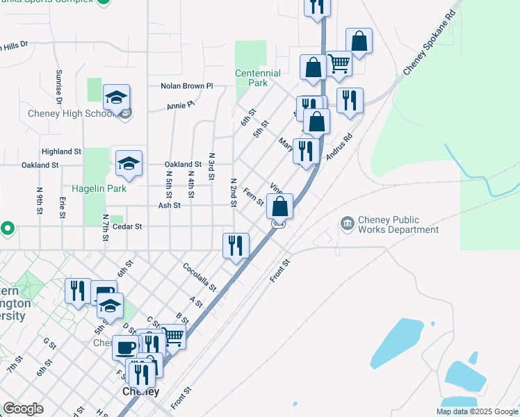 map of restaurants, bars, coffee shops, grocery stores, and more near 204 Fern St in Cheney