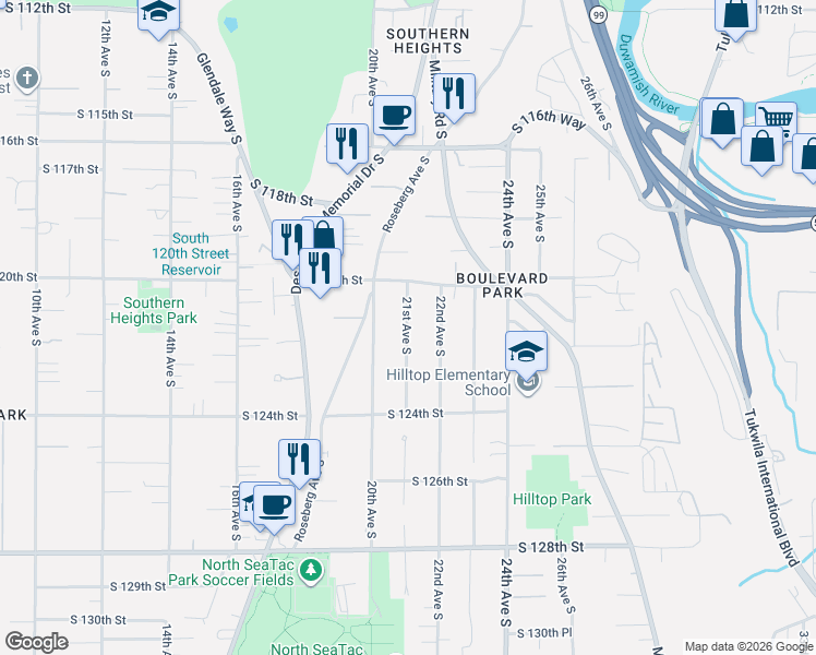map of restaurants, bars, coffee shops, grocery stores, and more near 12042 21st Ave S in Seattle