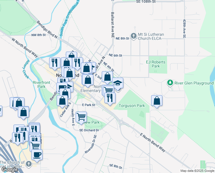 map of restaurants, bars, coffee shops, grocery stores, and more near 361 East 3rd Street in North Bend