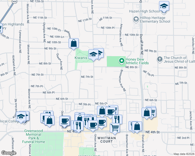 map of restaurants, bars, coffee shops, grocery stores, and more near 4021 Northeast 7th Street in Renton
