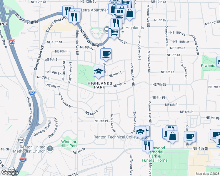 map of restaurants, bars, coffee shops, grocery stores, and more near 2813 Northeast 8th Street in Renton