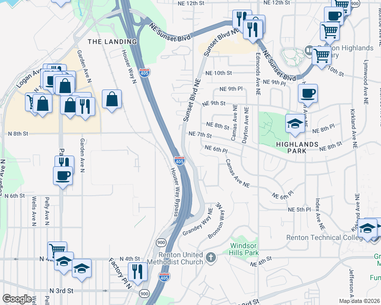 map of restaurants, bars, coffee shops, grocery stores, and more near 670 Sunset Boulevard Northeast in Renton