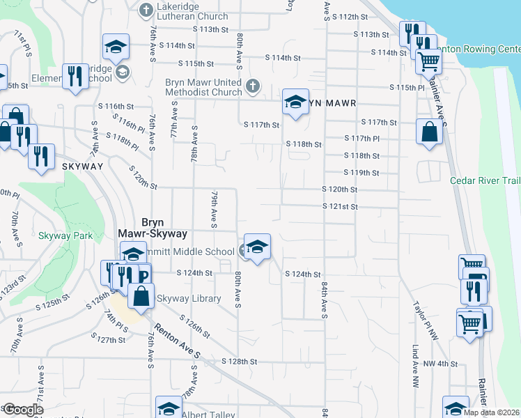 map of restaurants, bars, coffee shops, grocery stores, and more near 8029 South 121st Street in Seattle