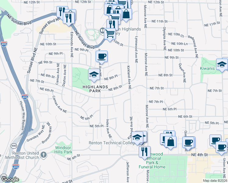 map of restaurants, bars, coffee shops, grocery stores, and more near 2905 Northeast 8th Street in Renton