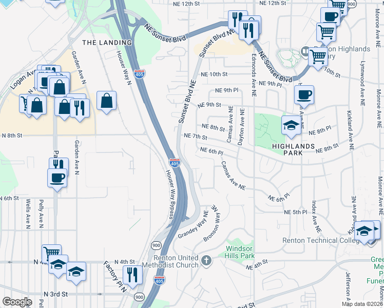 map of restaurants, bars, coffee shops, grocery stores, and more near 670 Sunset Boulevard Northeast in Renton