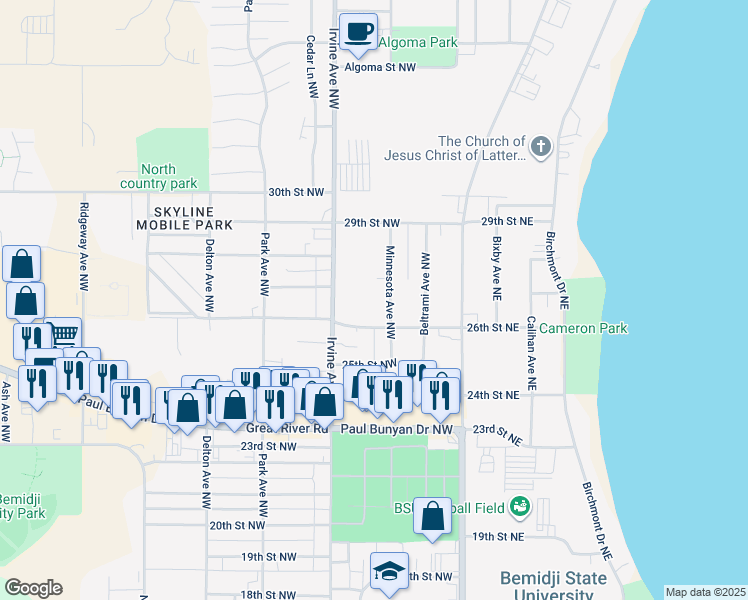 map of restaurants, bars, coffee shops, grocery stores, and more near 319 26th Street Northeast in Bemidji
