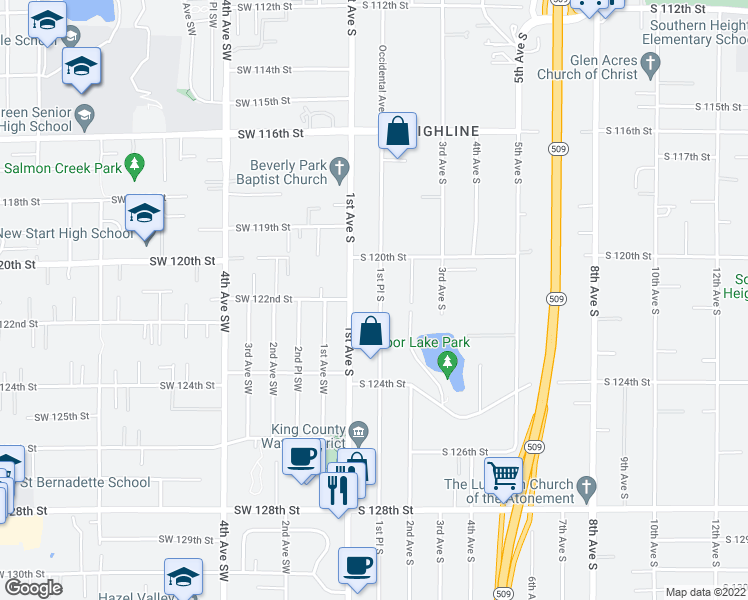 map of restaurants, bars, coffee shops, grocery stores, and more near 12043 Occidental Avenue South in Seattle