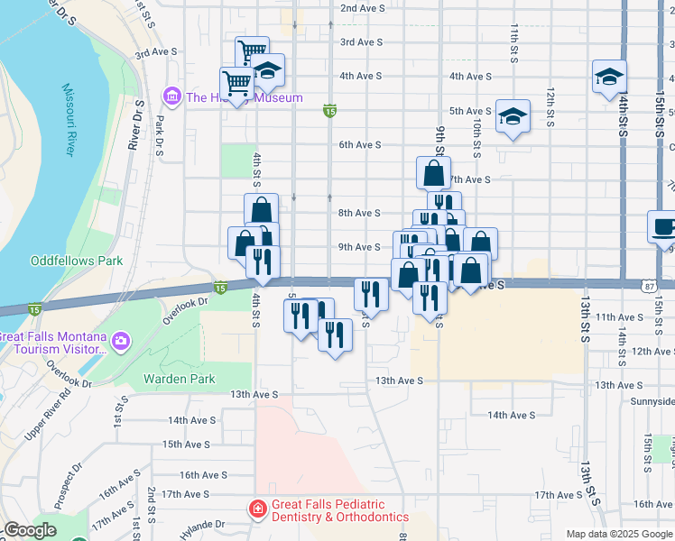 map of restaurants, bars, coffee shops, grocery stores, and more near 601 10th Avenue South in Great Falls
