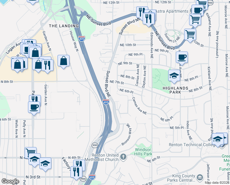 map of restaurants, bars, coffee shops, grocery stores, and more near 2103 Northeast 6th Circle in Renton