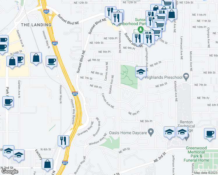 map of restaurants, bars, coffee shops, grocery stores, and more near 687 Dayton Avenue Northeast in Renton