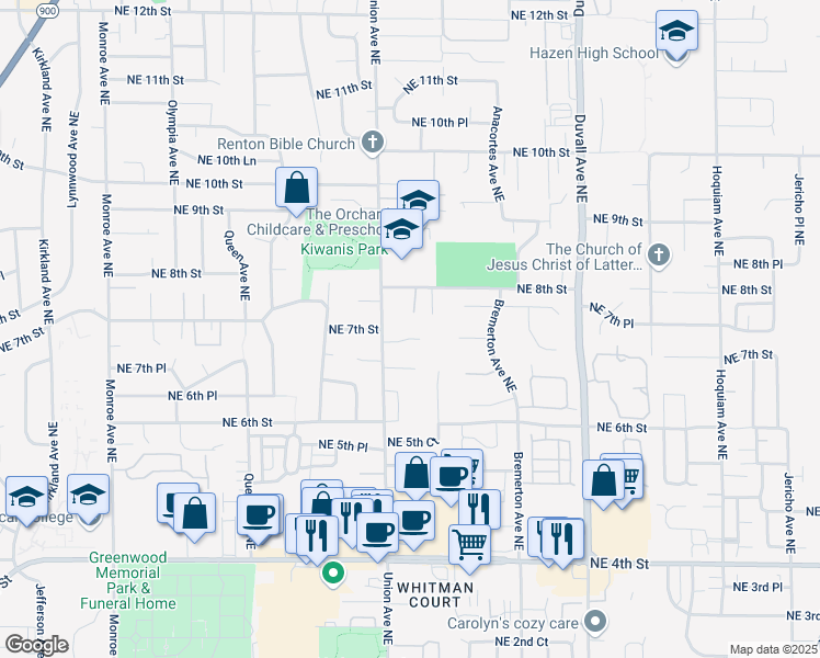 map of restaurants, bars, coffee shops, grocery stores, and more near 4126 Northeast 7th Street in Renton